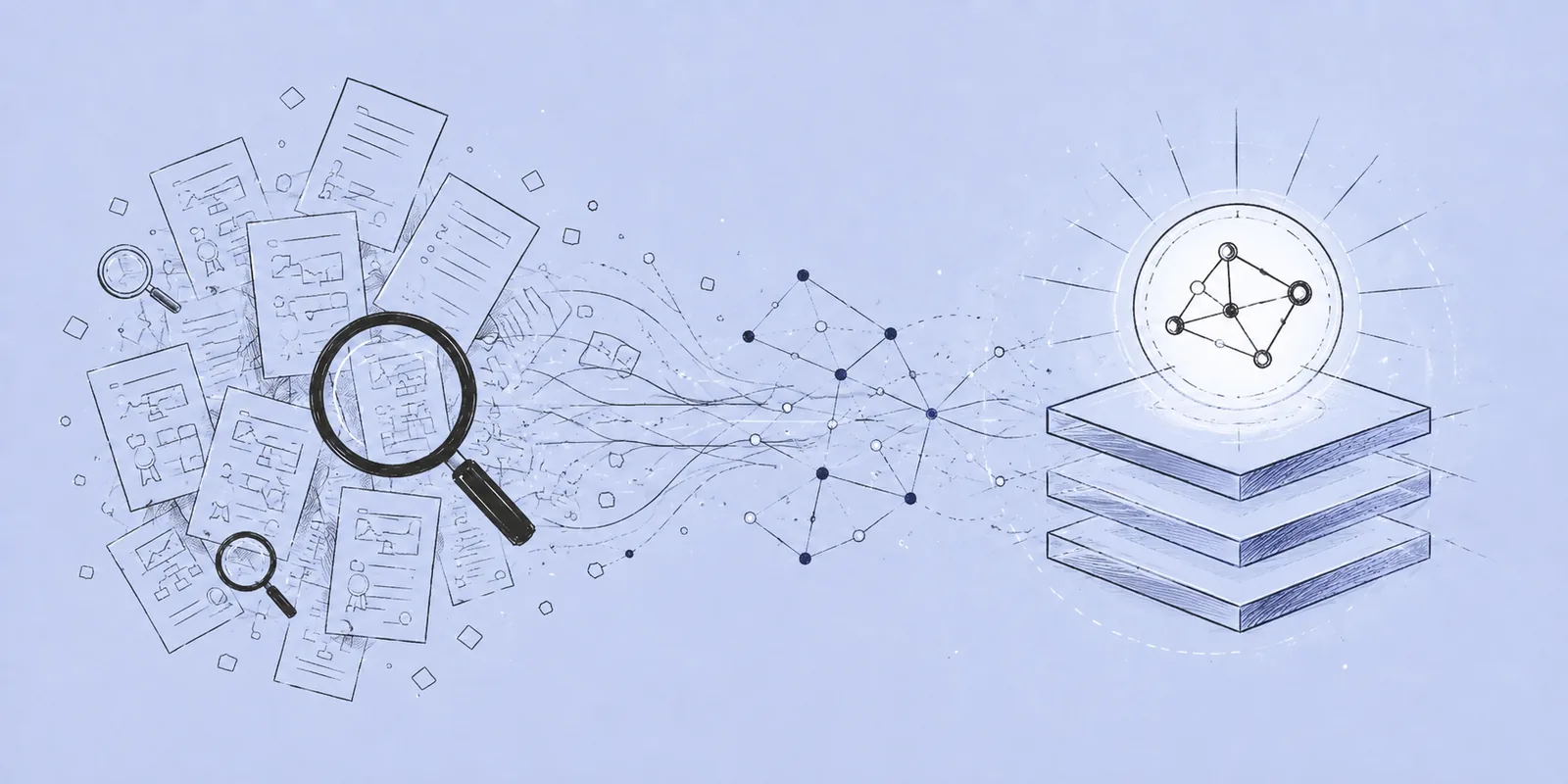 A pile of patent documents under magnifiers, resolving through a network of connections into stacked layers with a lit node above them.