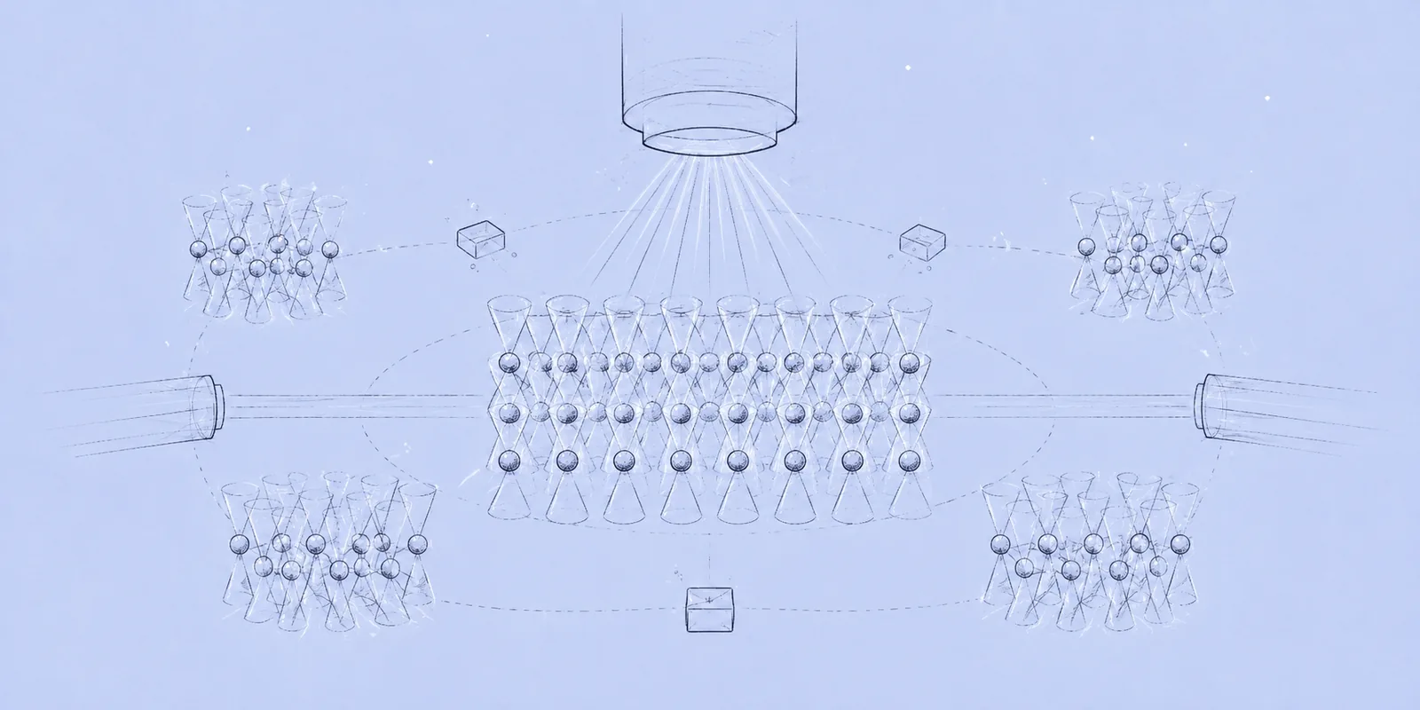 Three linked circles: atoms held in optical traps, a laser directed through lenses onto an array, and a shielded lattice.