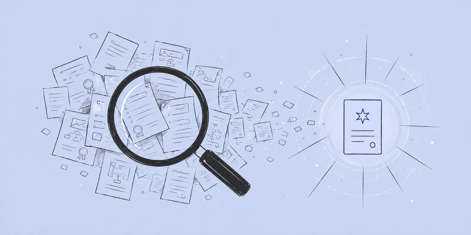 A magnifier over a scattered heap of patent documents, with a single marked document glowing apart from the pile.