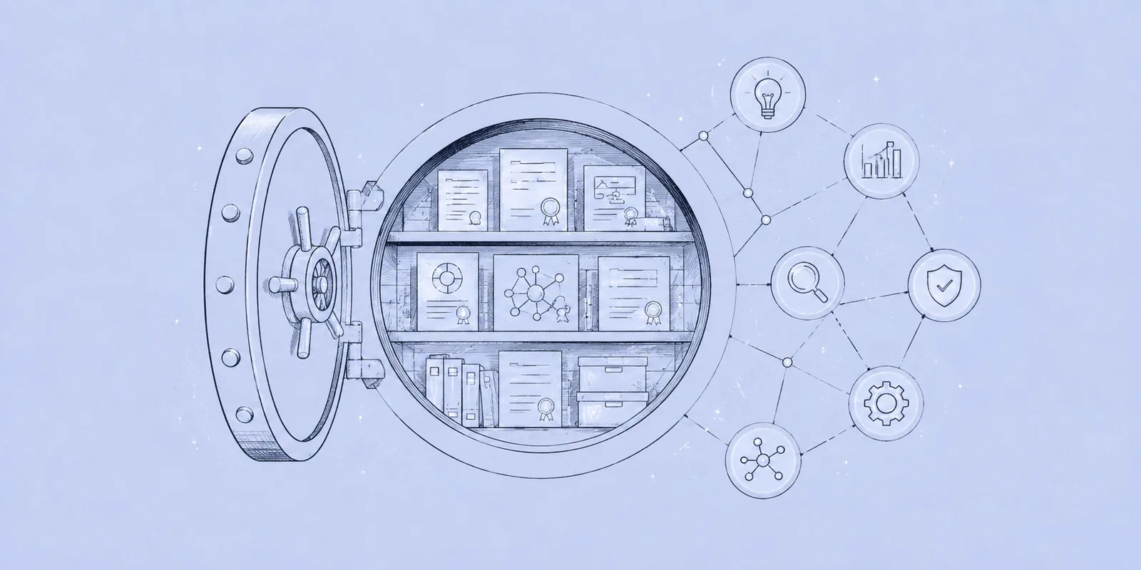 An open vault door revealing shelves of patents and papers, connected outward to a network of subject icons.