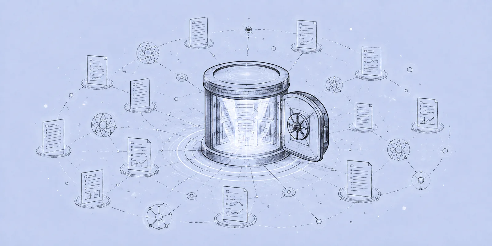 A cylindrical vault standing open, surrounded by documents on plinths joined by connecting lines.
