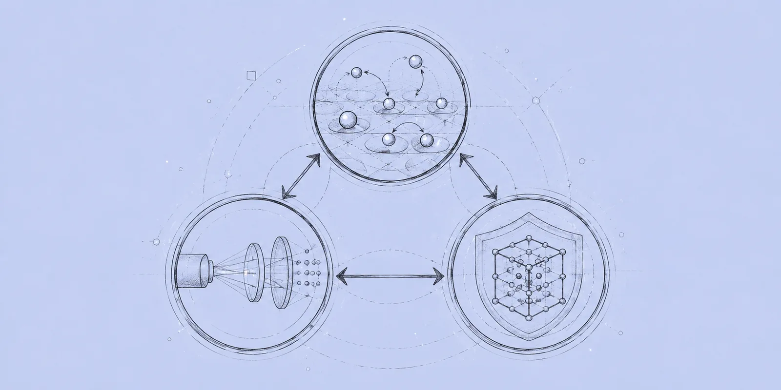 Three circles joined by arrows: atoms being moved between traps, a beam focused through lenses, and a lattice inside a shield.
