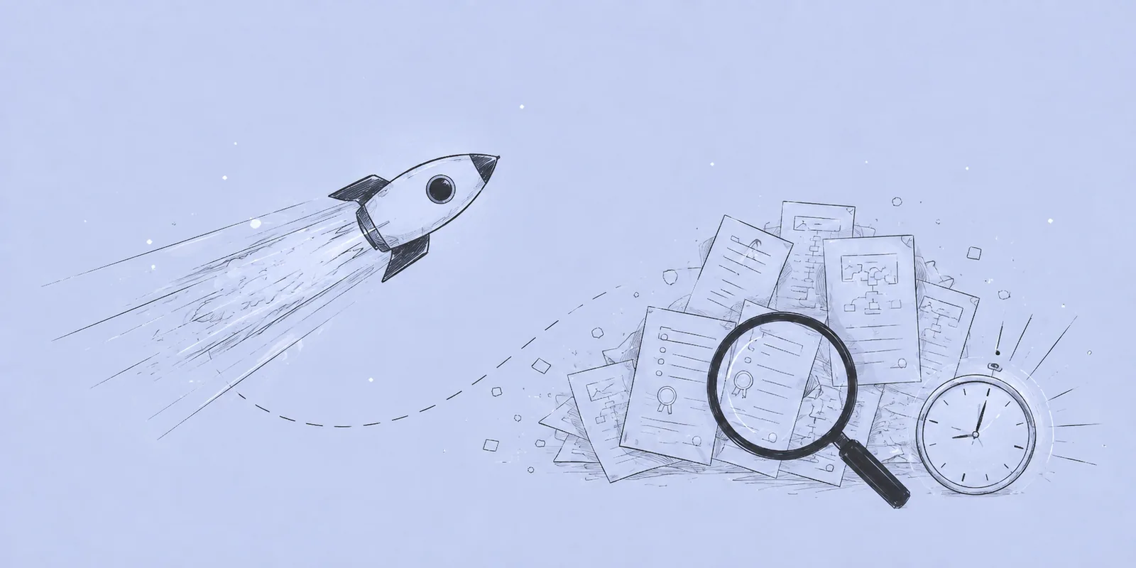 A rocket climbing away while a heap of patent documents, a magnifier and a clock are left behind it.